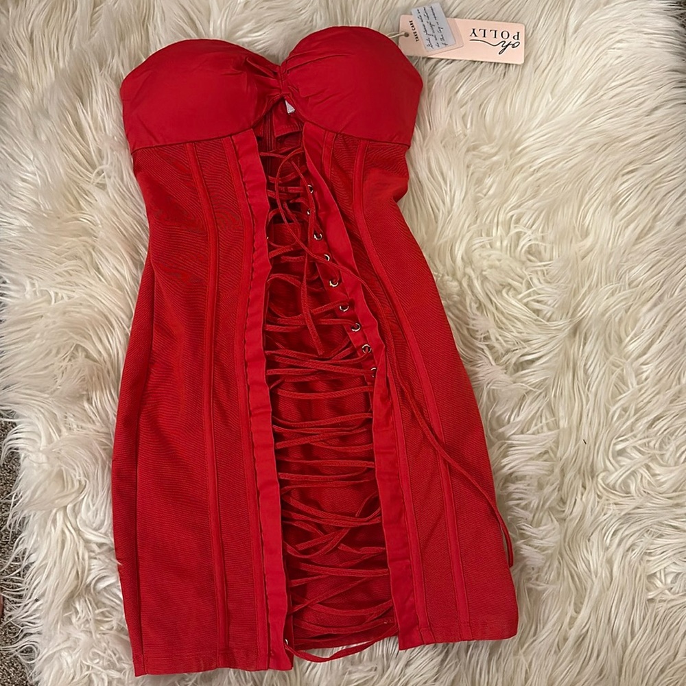 Oh Polly strapless red corset dress NWT